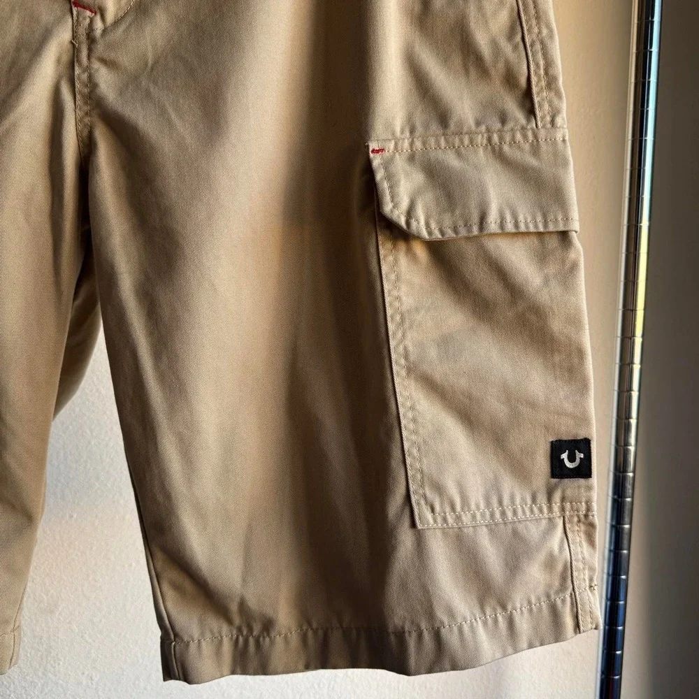 True Religion Mens Khaki Cargo Shorts Tan Y2K Streetwear Utility Size 38